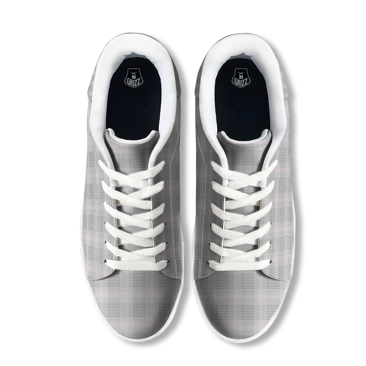Grey Prince Of Wales Check Print White Low Top Sneakers-grizzshop