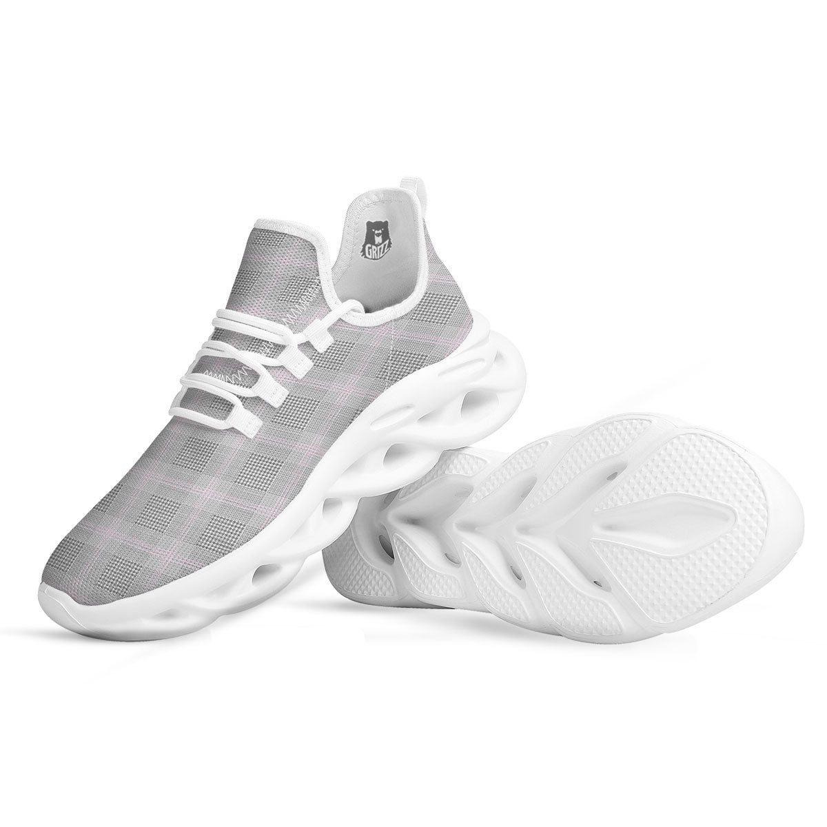 Grey Prince Of Wales Check Print White Running Shoes-grizzshop
