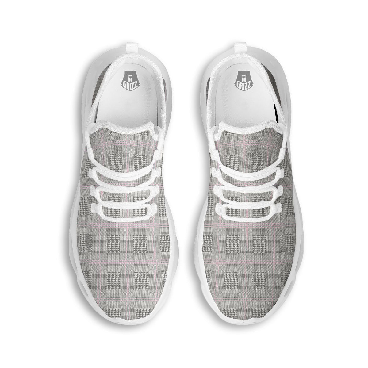 Grey Prince Of Wales Check Print White Running Shoes-grizzshop