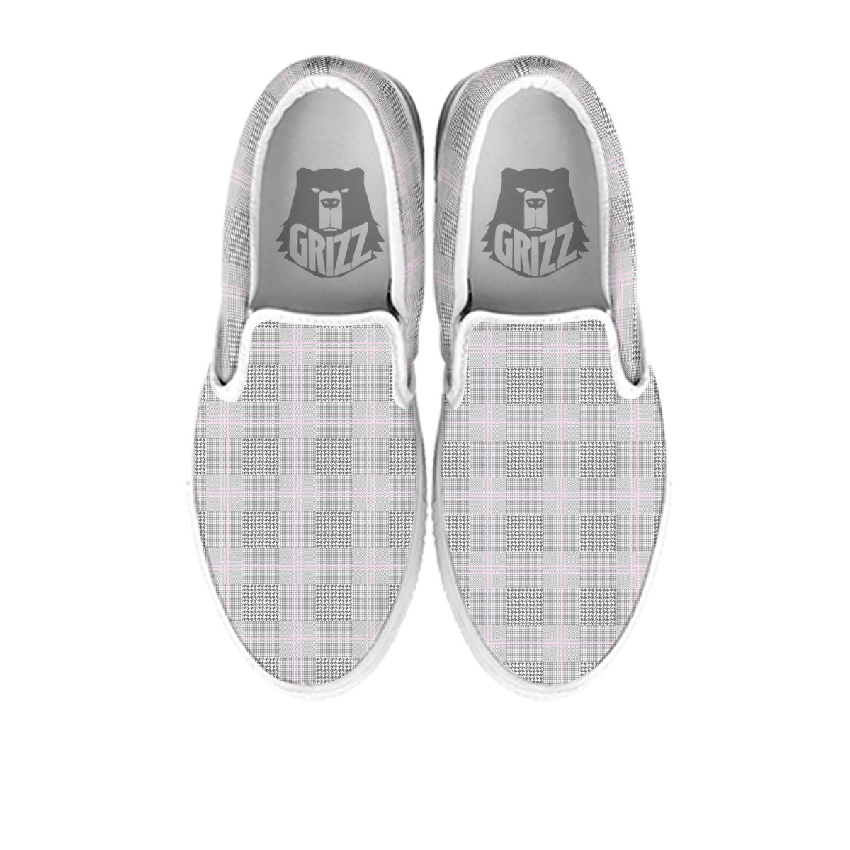 Grey Prince Of Wales Check Print White Slip On Shoes-grizzshop