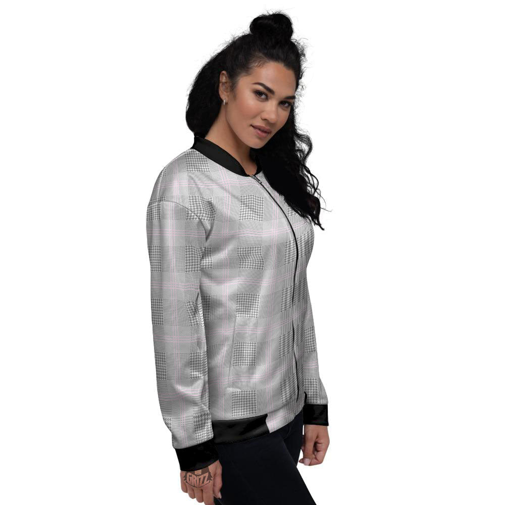Grey Prince Of Wales Check Print Women's Bomber Jacket-grizzshop