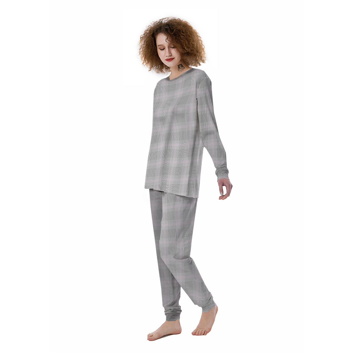 Grey Prince Of Wales Check Print Women's Pajamas-grizzshop