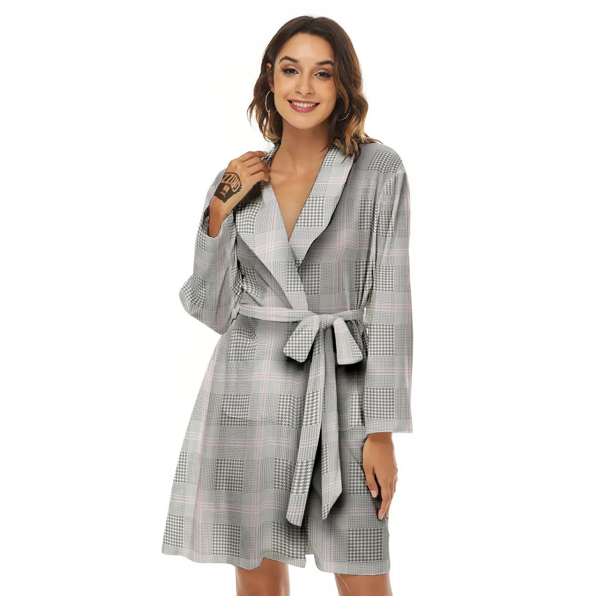 Grey Prince Of Wales Check Print Women's Robe-grizzshop