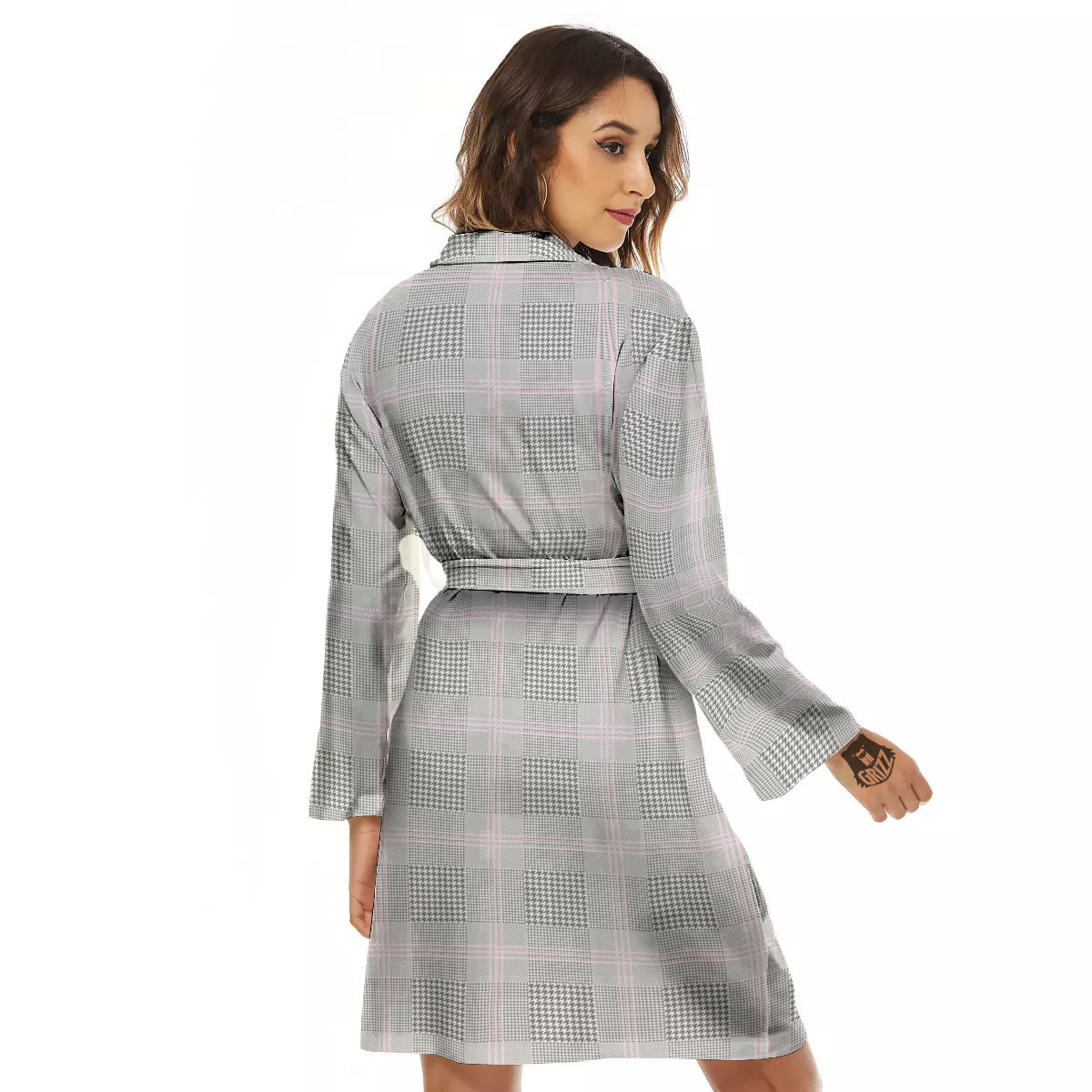 Grey Prince Of Wales Check Print Women's Robe-grizzshop