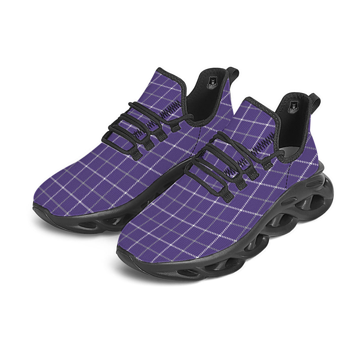 Grey Purple And White Tattersall Print Pattern Black Running Shoes-grizzshop