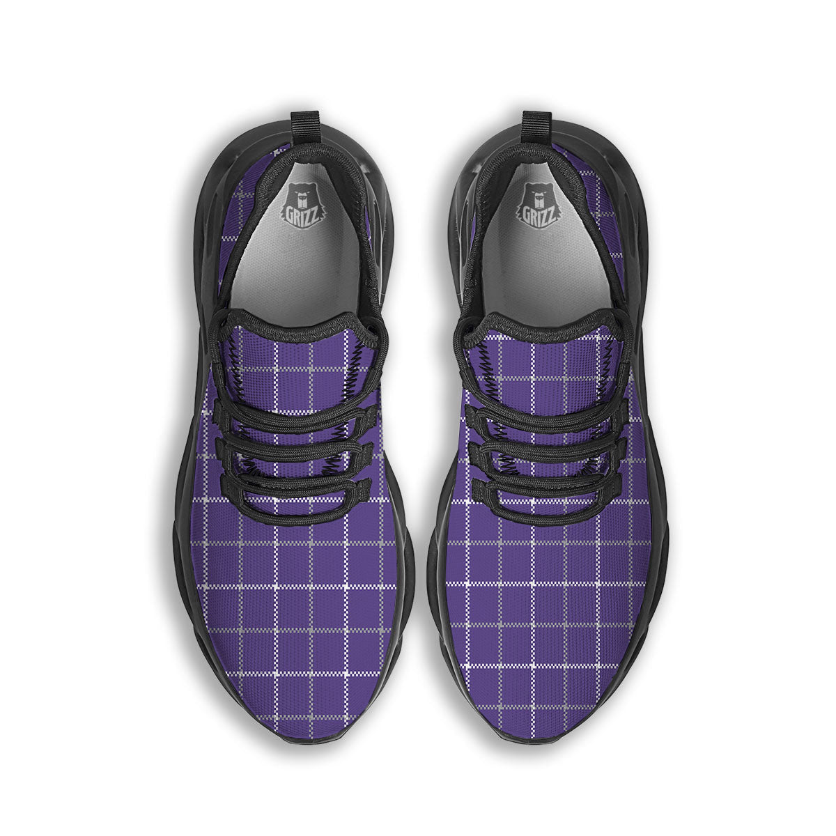 Grey Purple And White Tattersall Print Pattern Black Running Shoes-grizzshop