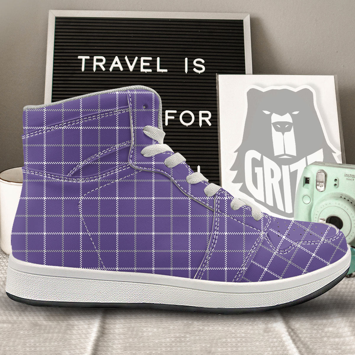 Grey Purple And White Tattersall Print Pattern High Top Sneakers-grizzshop