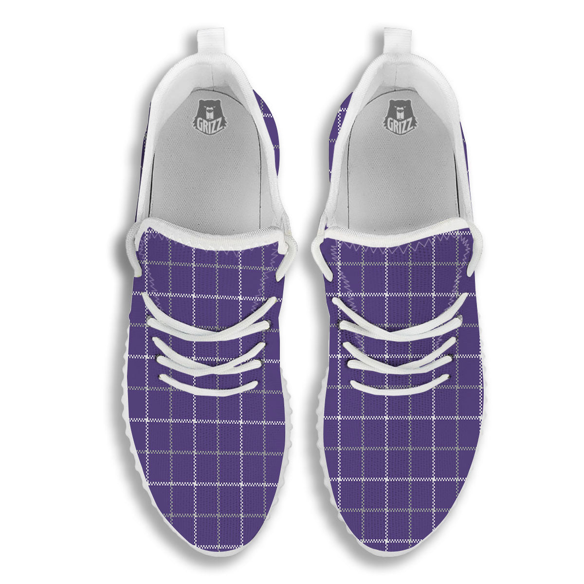 Grey Purple And White Tattersall Print Pattern White Walking Shoes-grizzshop
