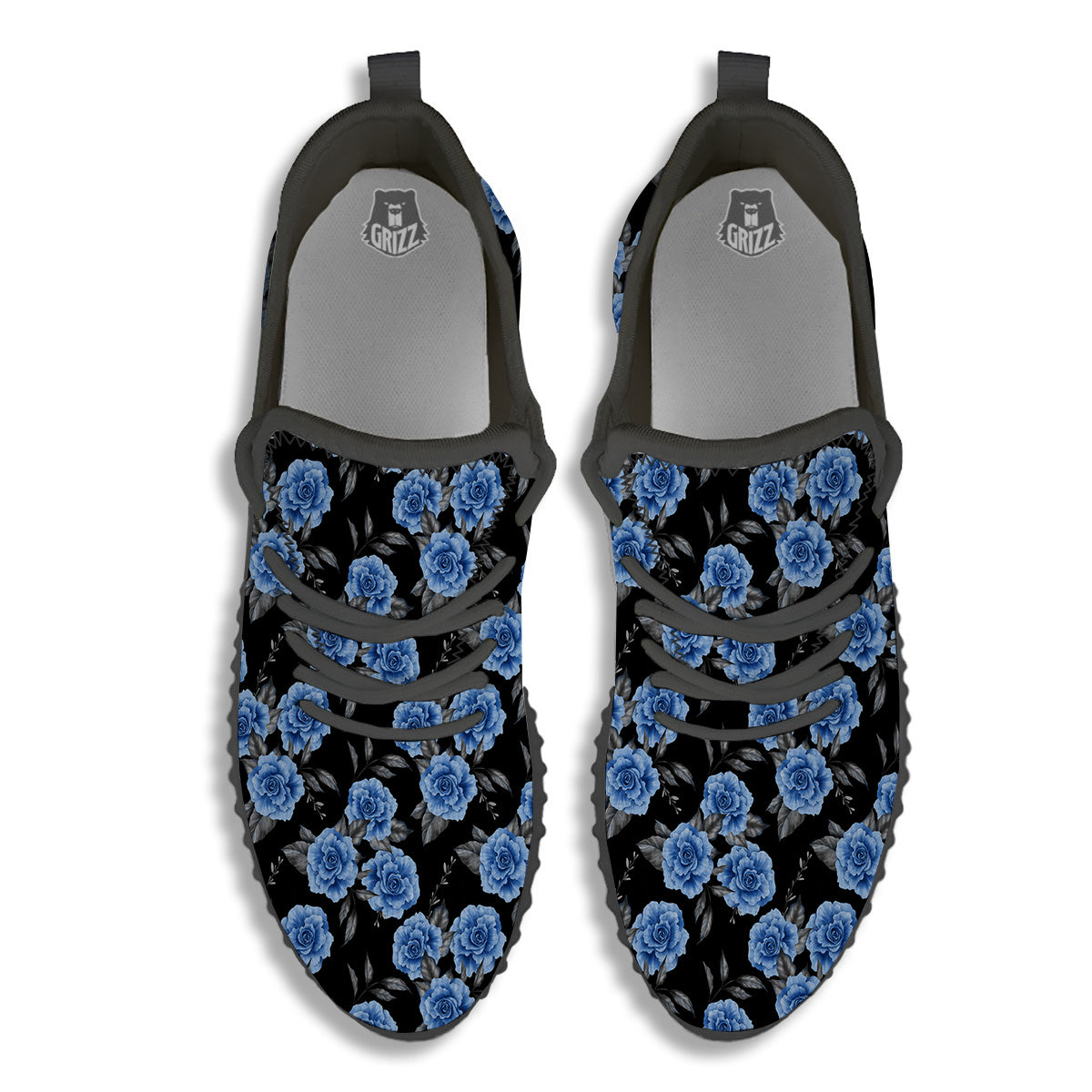 Grey Rose Floral And Blue Peony Print Black Walking Shoes-grizzshop