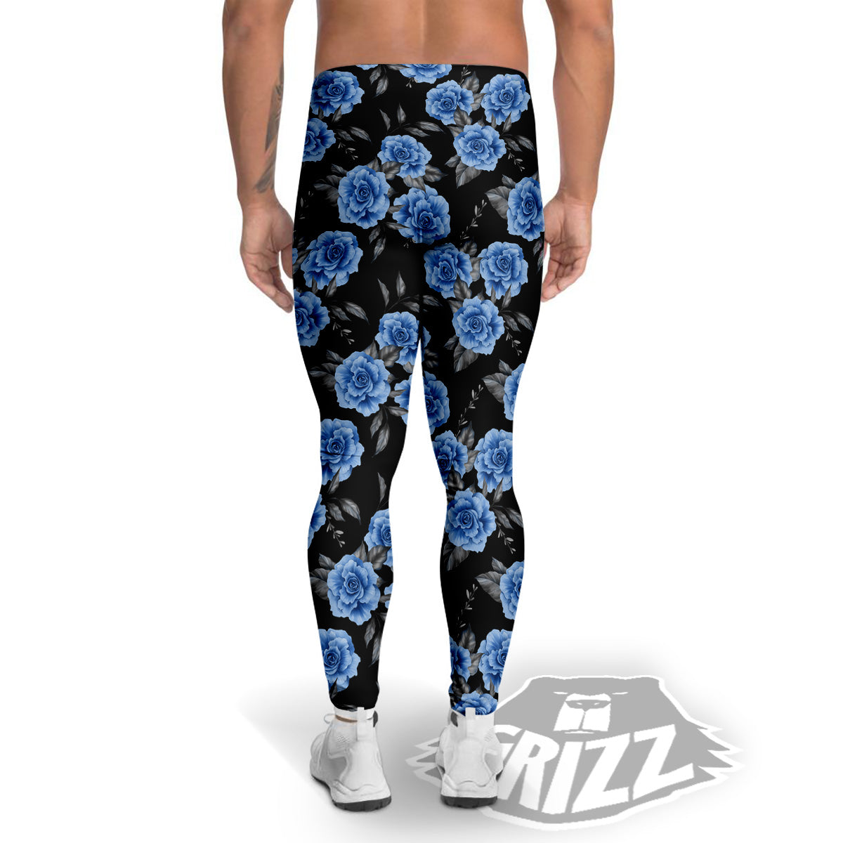 Grey Rose Floral And Blue Peony Print Men's Leggings-grizzshop