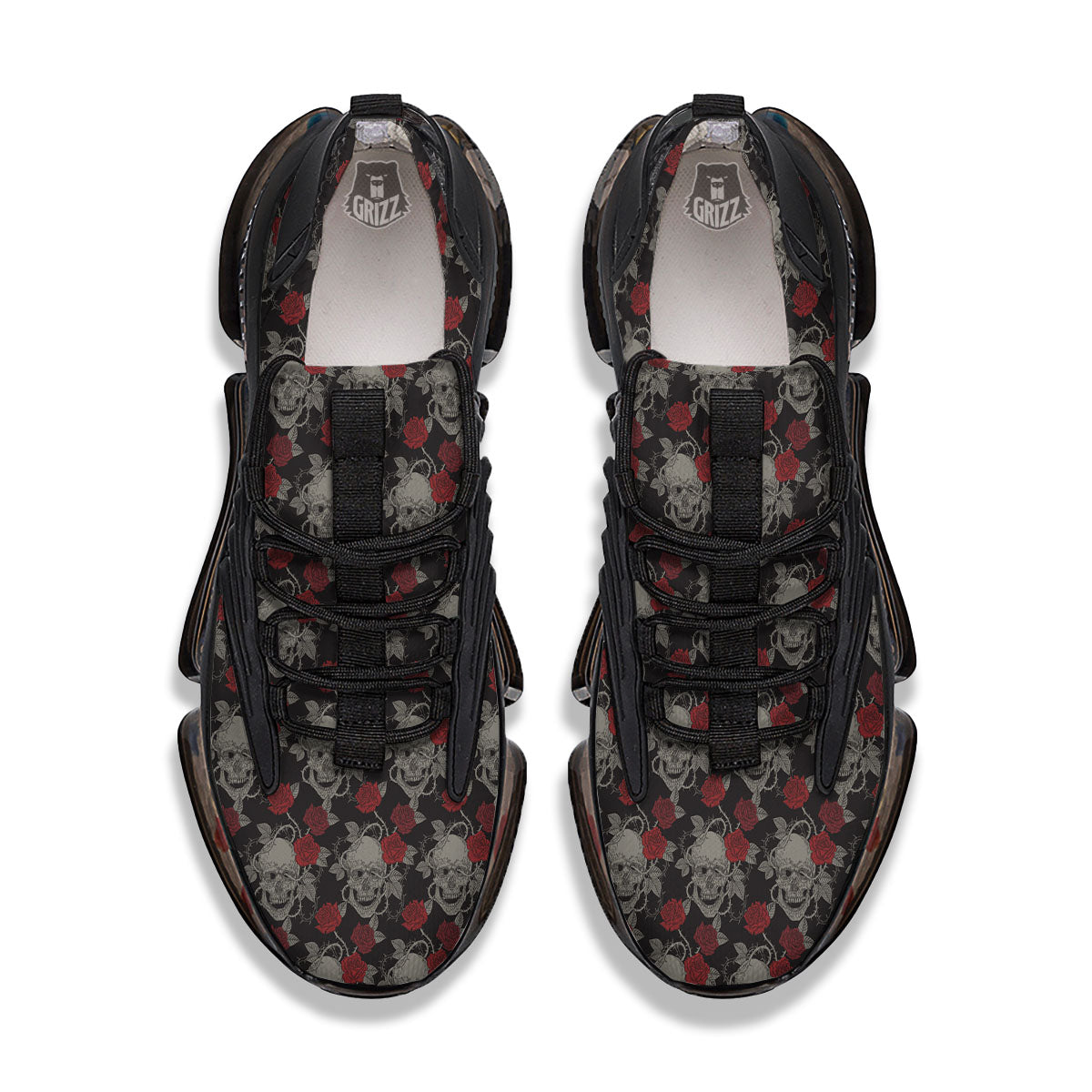 Grey Skull Red Rose Print Pattern Black Gym Shoes-grizzshop