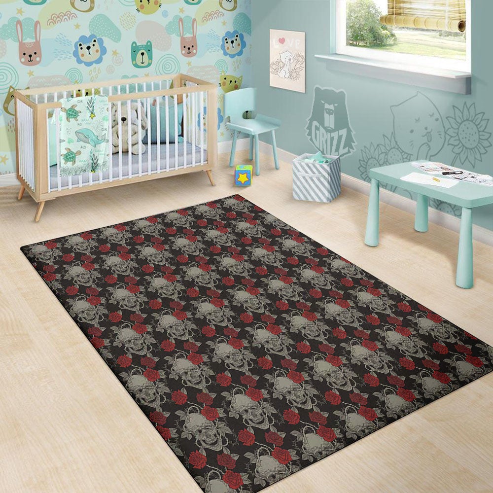 Grey Skull Red Rose Print Pattern Floor Mat-grizzshop