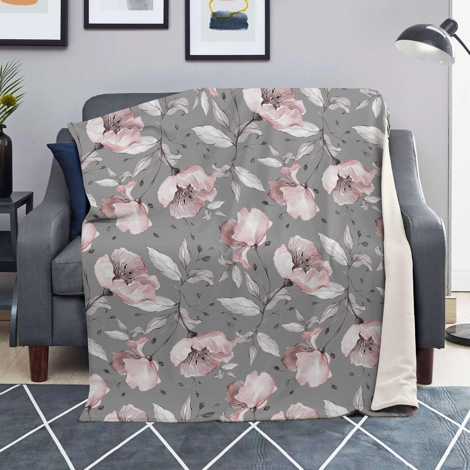 Grey Vintage Floral Print Blanket-grizzshop