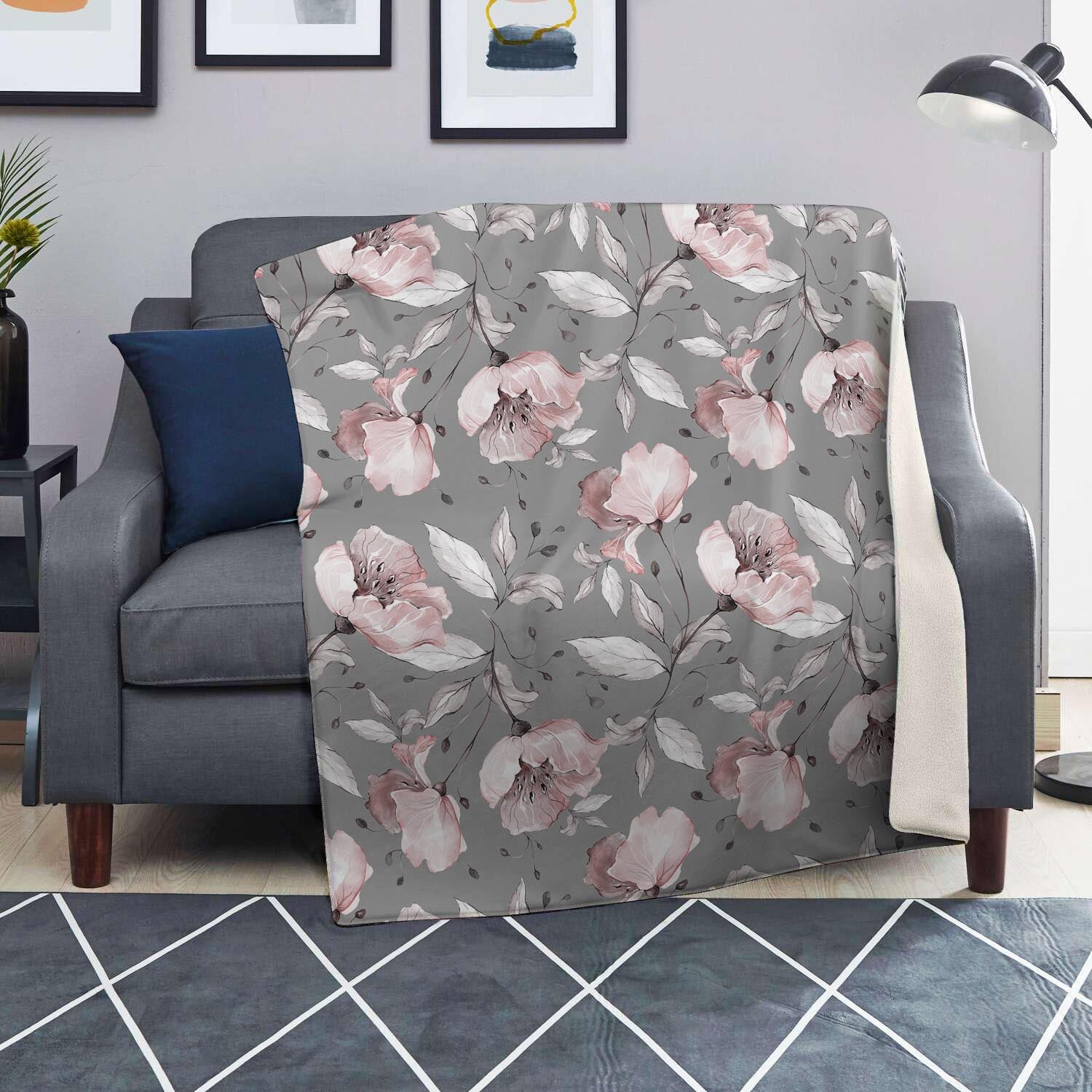 Grey Vintage Floral Print Blanket-grizzshop