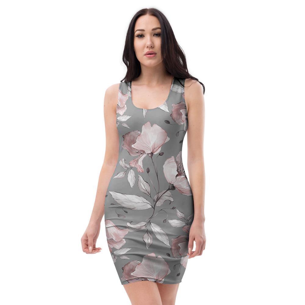 Grey Vintage Floral Print Bodycon Dress-grizzshop