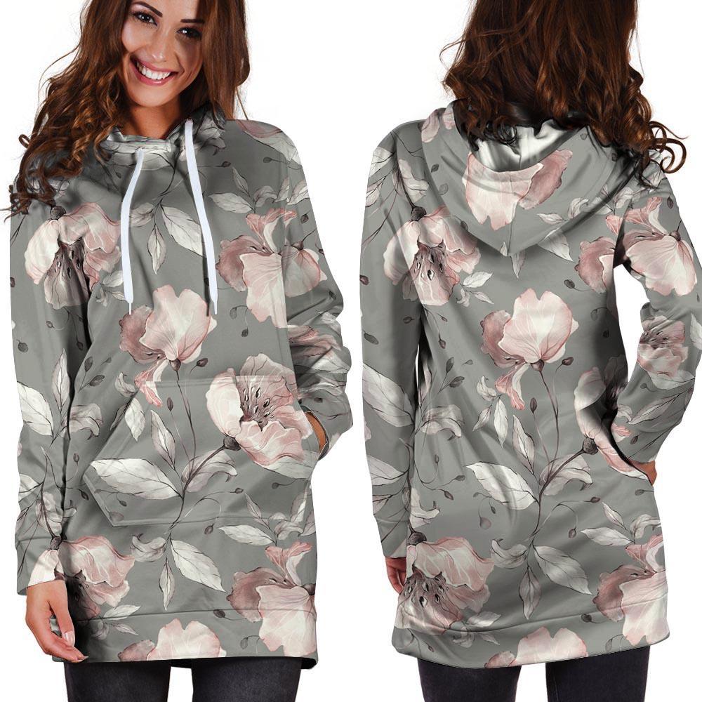 Grey Vintage Floral Print Hoodie Dress-grizzshop