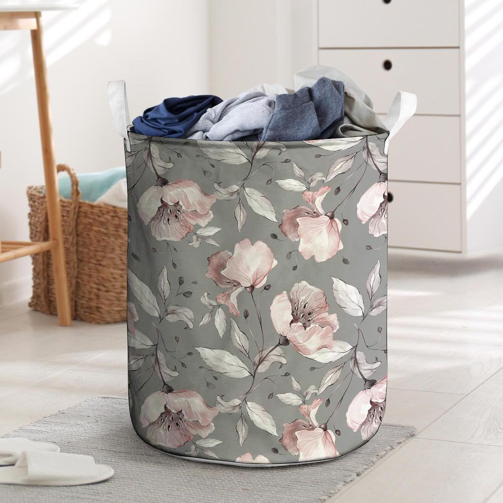 Grey Vintage Floral Print Laundry Basket-grizzshop