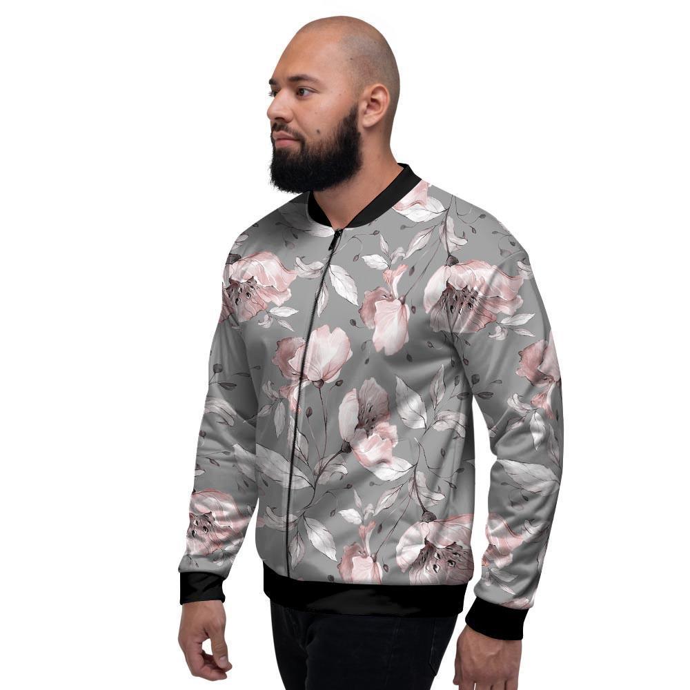 Grey Vintage Floral Print Men's Bomber Jacket-grizzshop