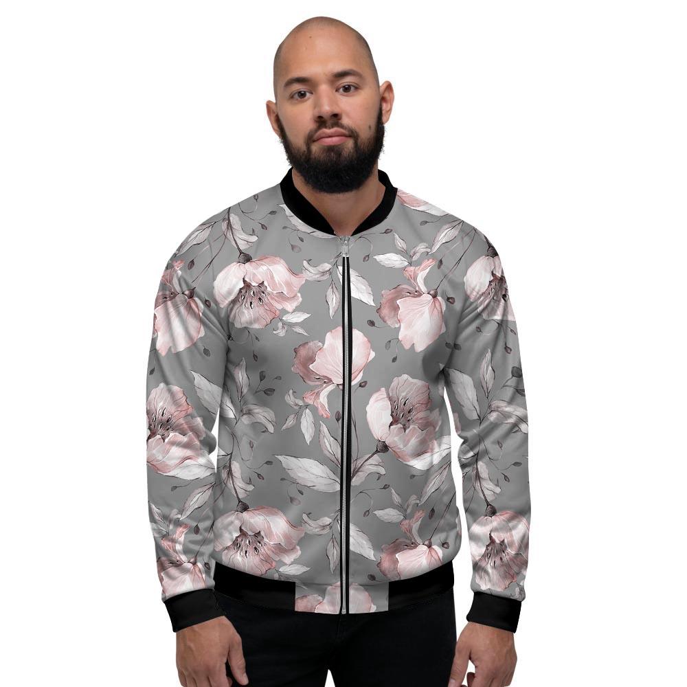 Grey Vintage Floral Print Men's Bomber Jacket-grizzshop