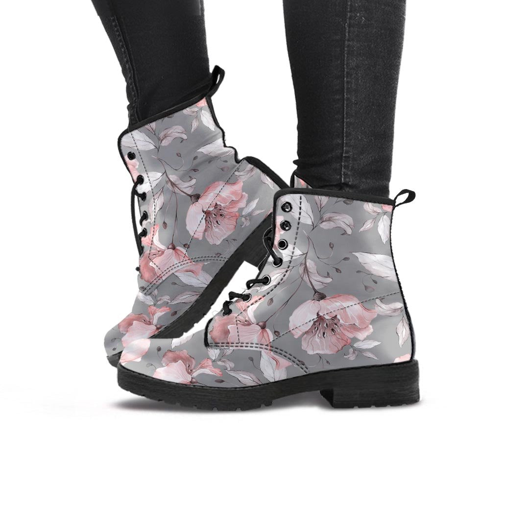 Grey Vintage Floral Print Women's Boots-grizzshop
