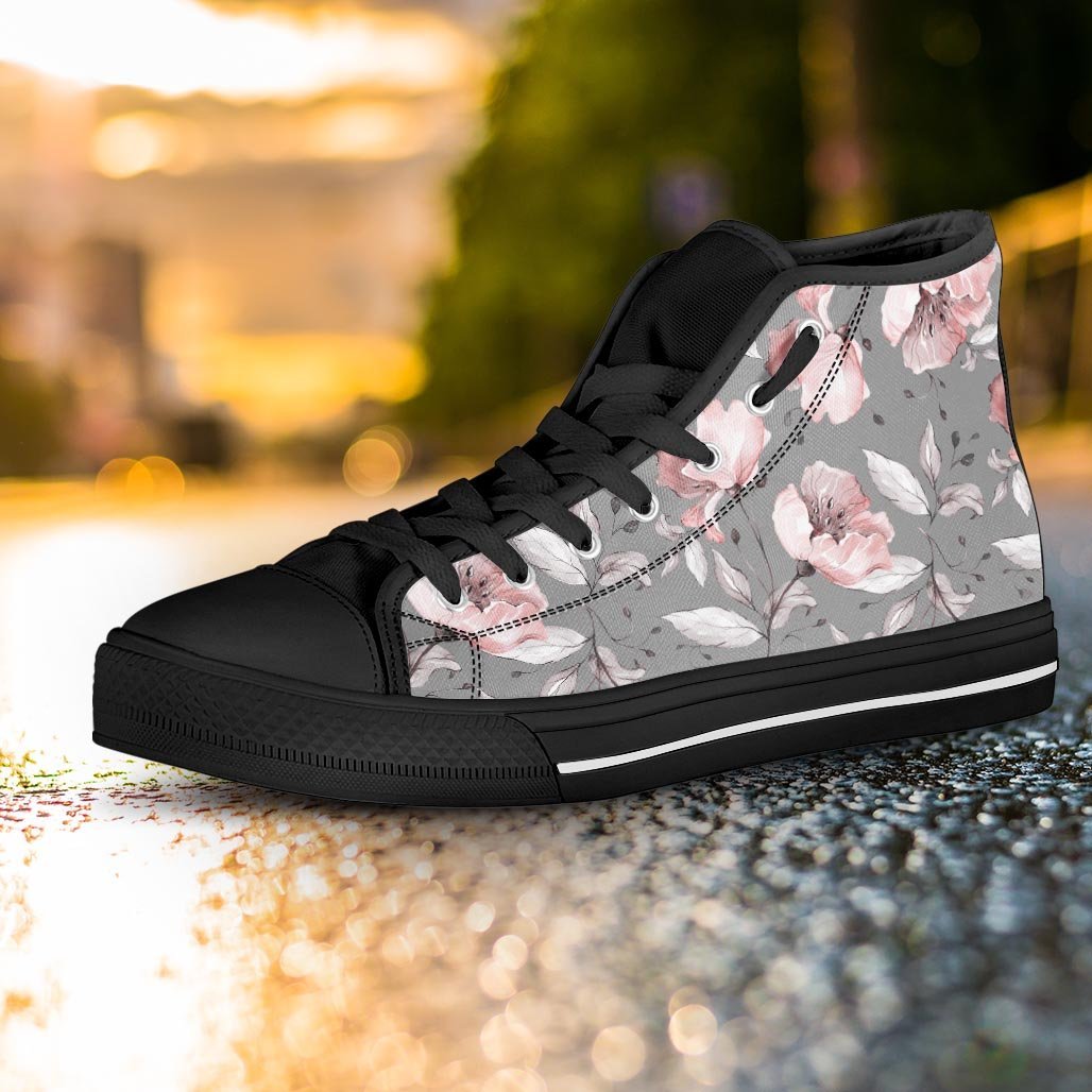 Grey Vintage Floral Print Women's High Top Shoes-grizzshop