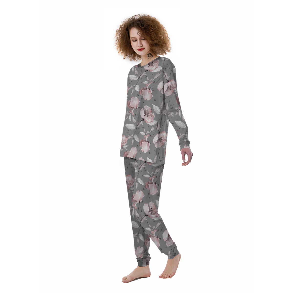 Grey Vintage Floral Print Women's Pajamas-grizzshop