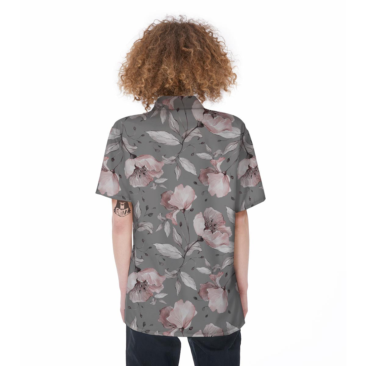 Grey Vintage Floral Print Women's Short Sleeve Shirts-grizzshop