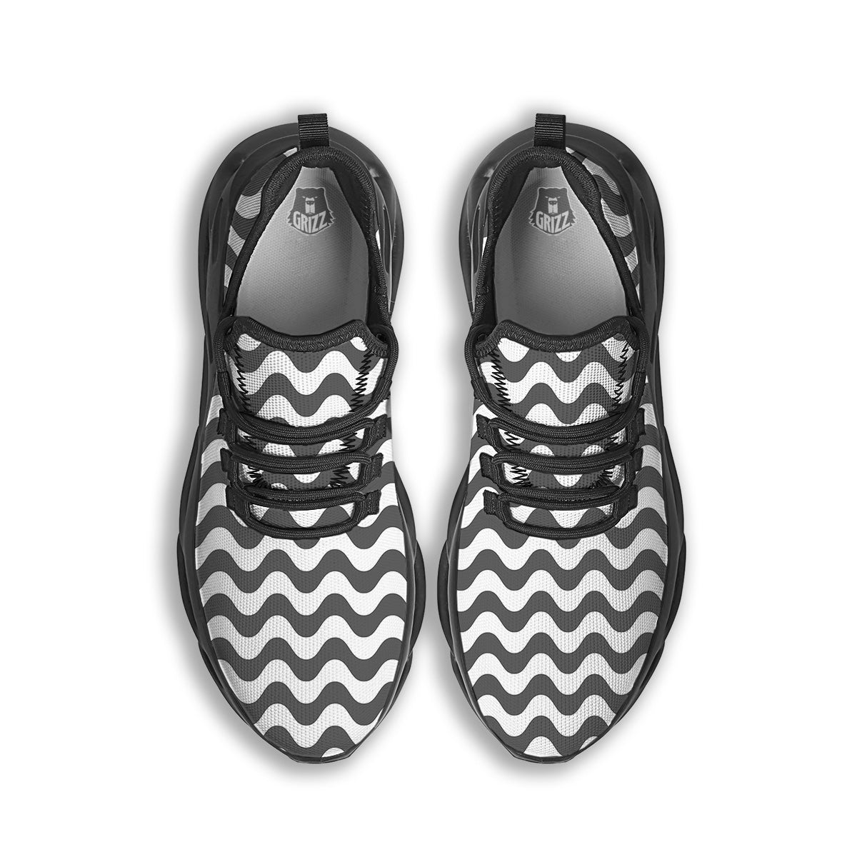 Grey Wave Striped Print Black Running Shoes-grizzshop