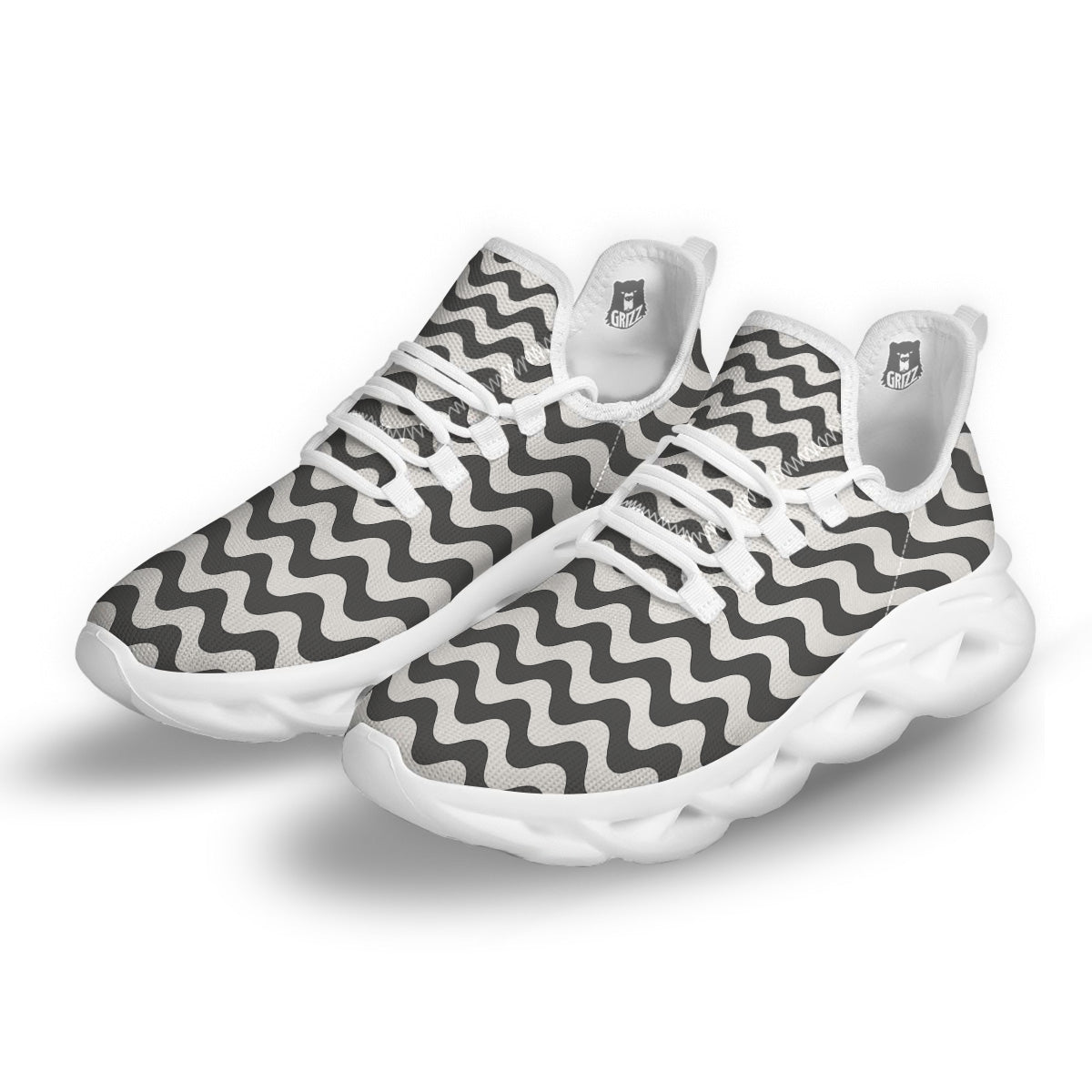 Grey Wave Striped Print White Running Shoes-grizzshop