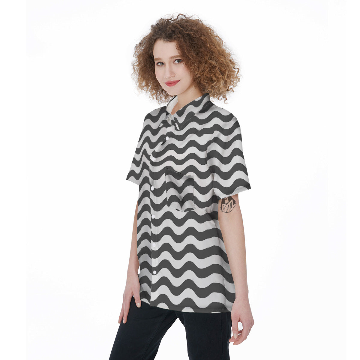 Grey Wave Striped Print Women's Short Sleeve Shirts-grizzshop