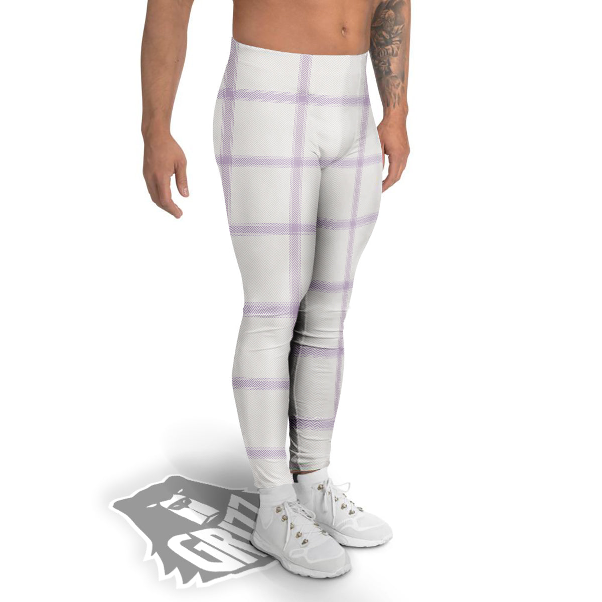 Grey White And Purple Tattersall Print Pattern Men's Leggings-grizzshop