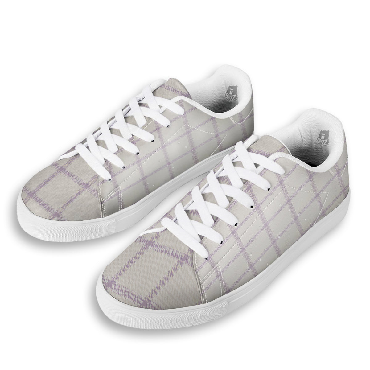 Grey White And Purple Tattersall Print Pattern White Low Top Sneakers-grizzshop