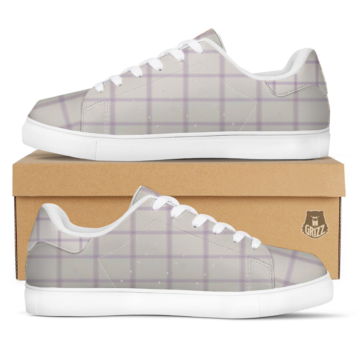 Grey White And Purple Tattersall Print Pattern White Low Top Sneakers-grizzshop