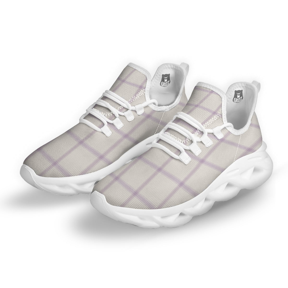 Grey White And Purple Tattersall Print Pattern White Running Shoes-grizzshop