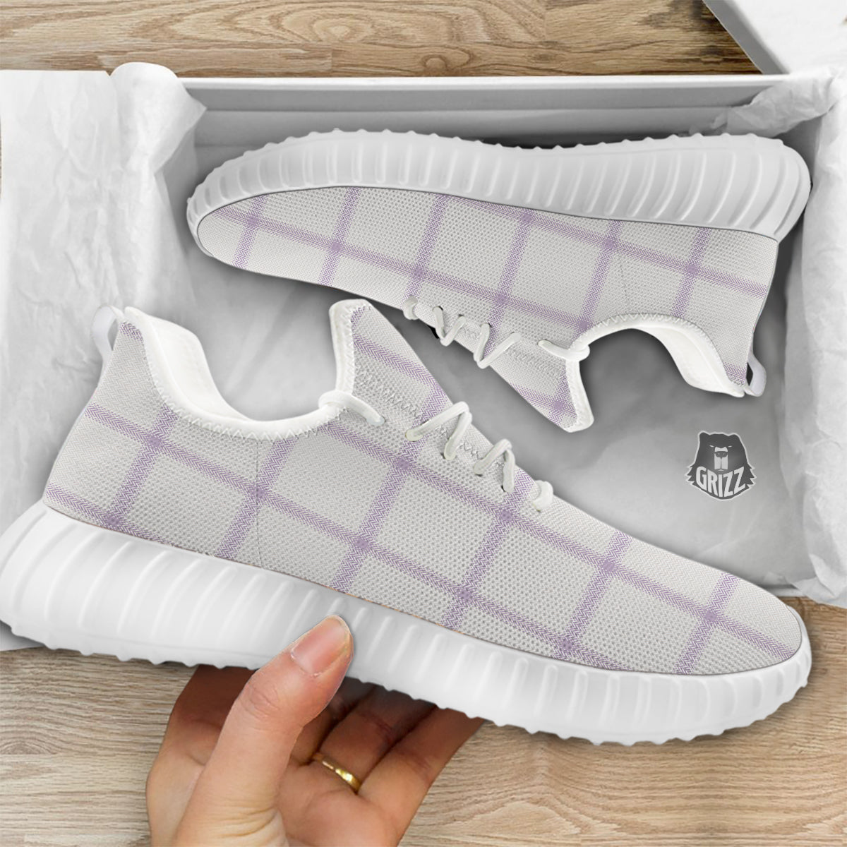 Grey White And Purple Tattersall Print Pattern White Walking Shoes-grizzshop