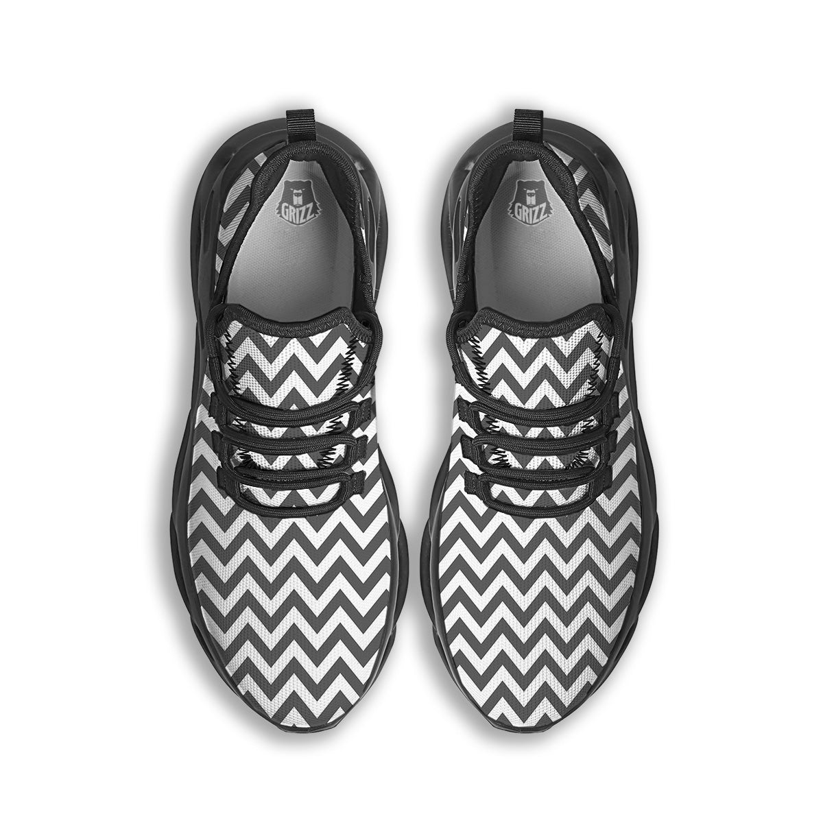 Grey Zigzag Print Pattern Black Running Shoes-grizzshop