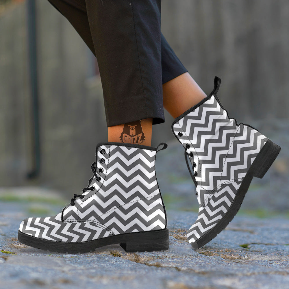Grey Zigzag Print Pattern Leather Boots-grizzshop