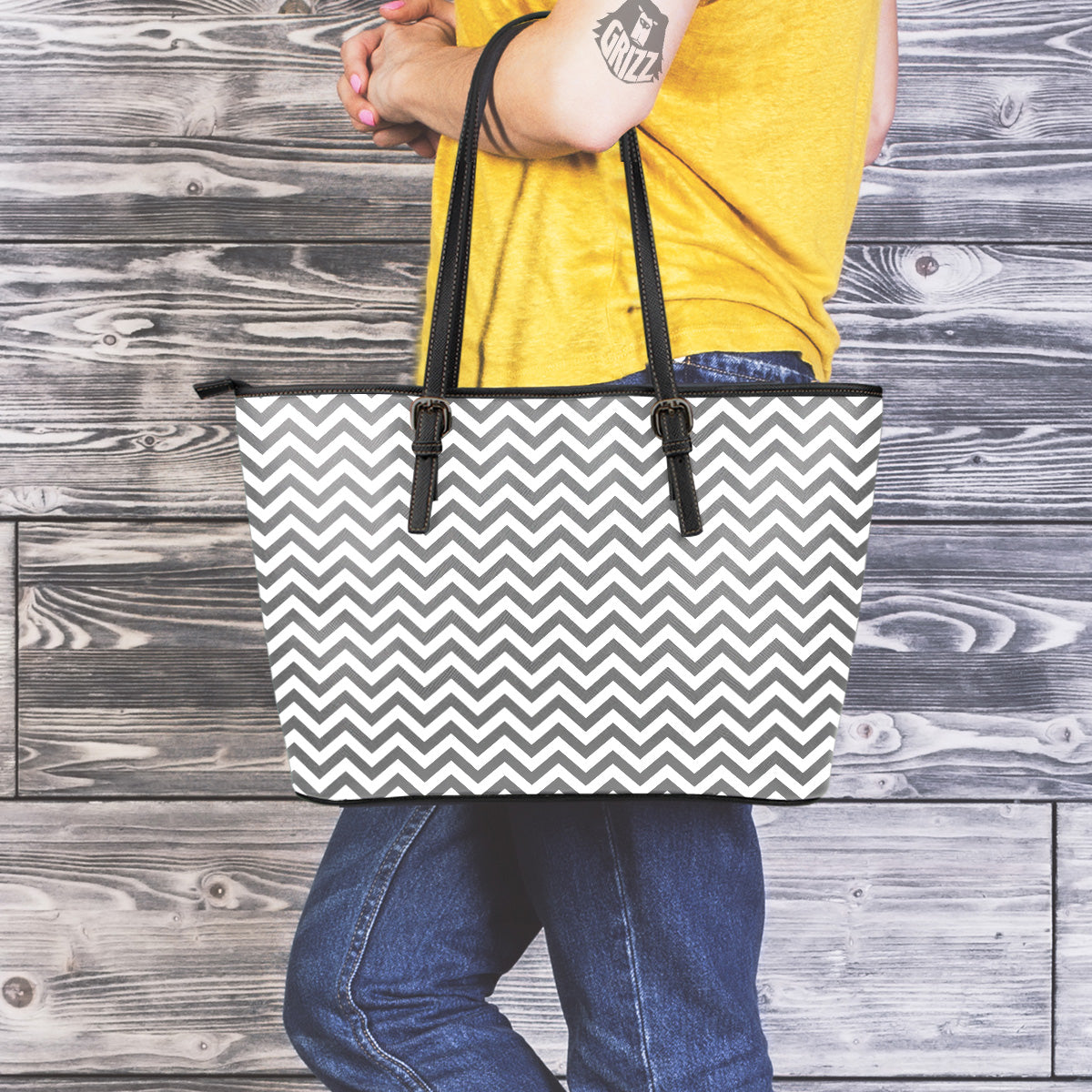 Grey Zigzag Print Pattern Leather Tote Bag-grizzshop