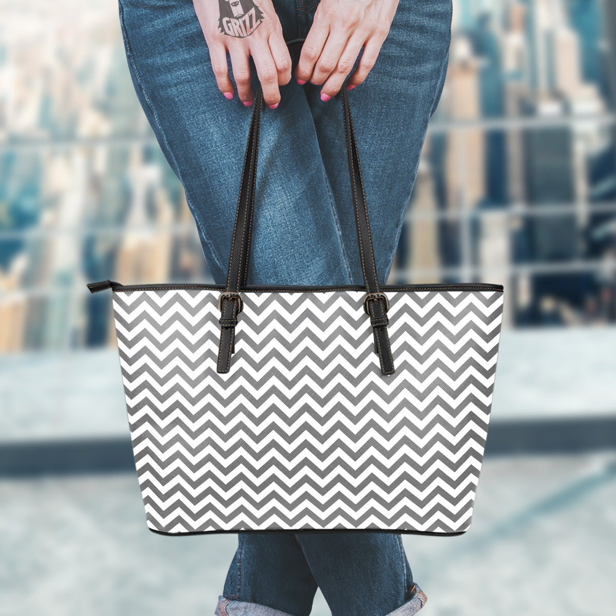 Grey Zigzag Print Pattern Leather Tote Bag-grizzshop