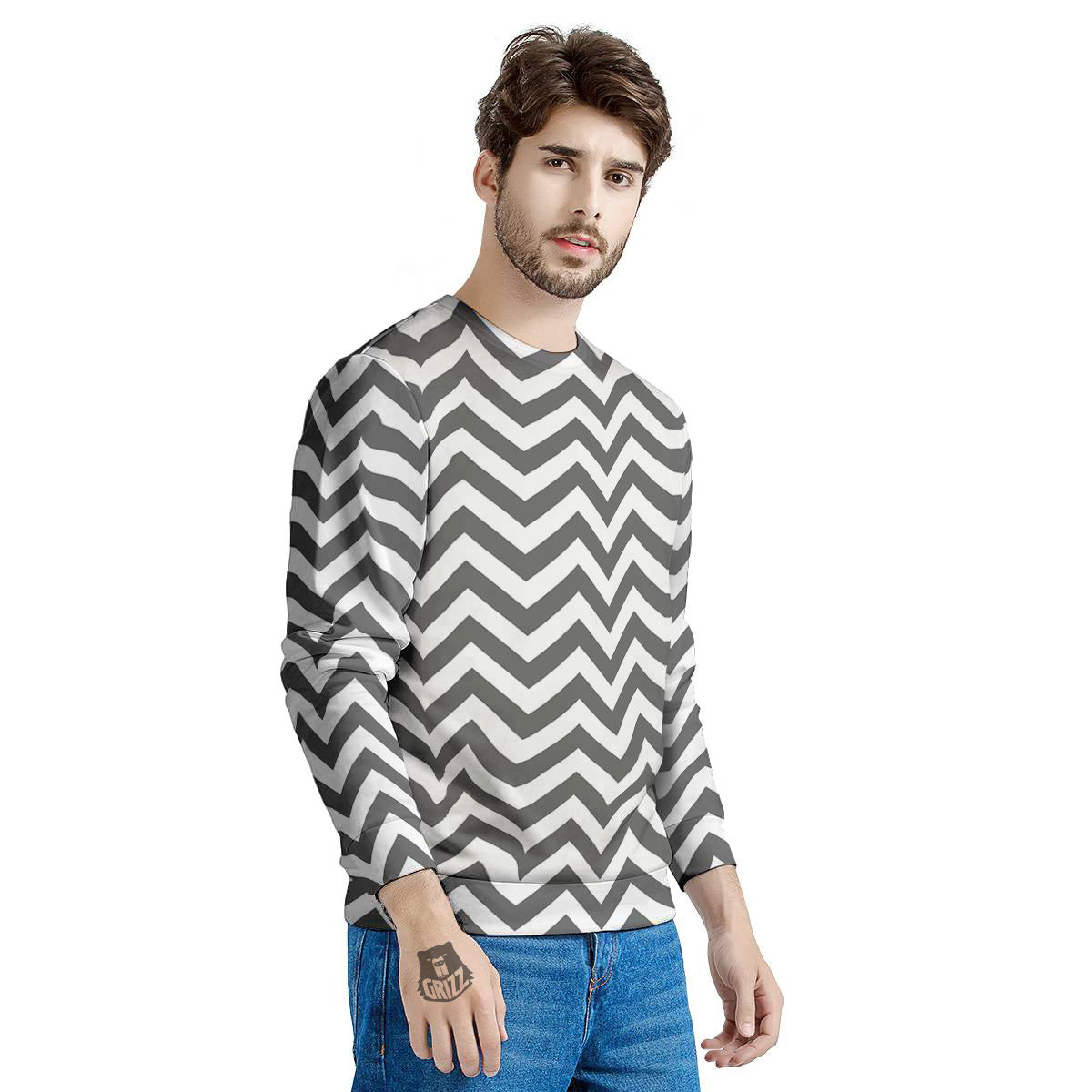 Grey Zigzag Print Pattern Men's Sweatshirt-grizzshop