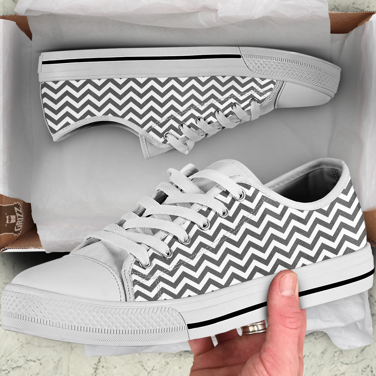 Grey Zigzag Print Pattern White Low Top Shoes-grizzshop
