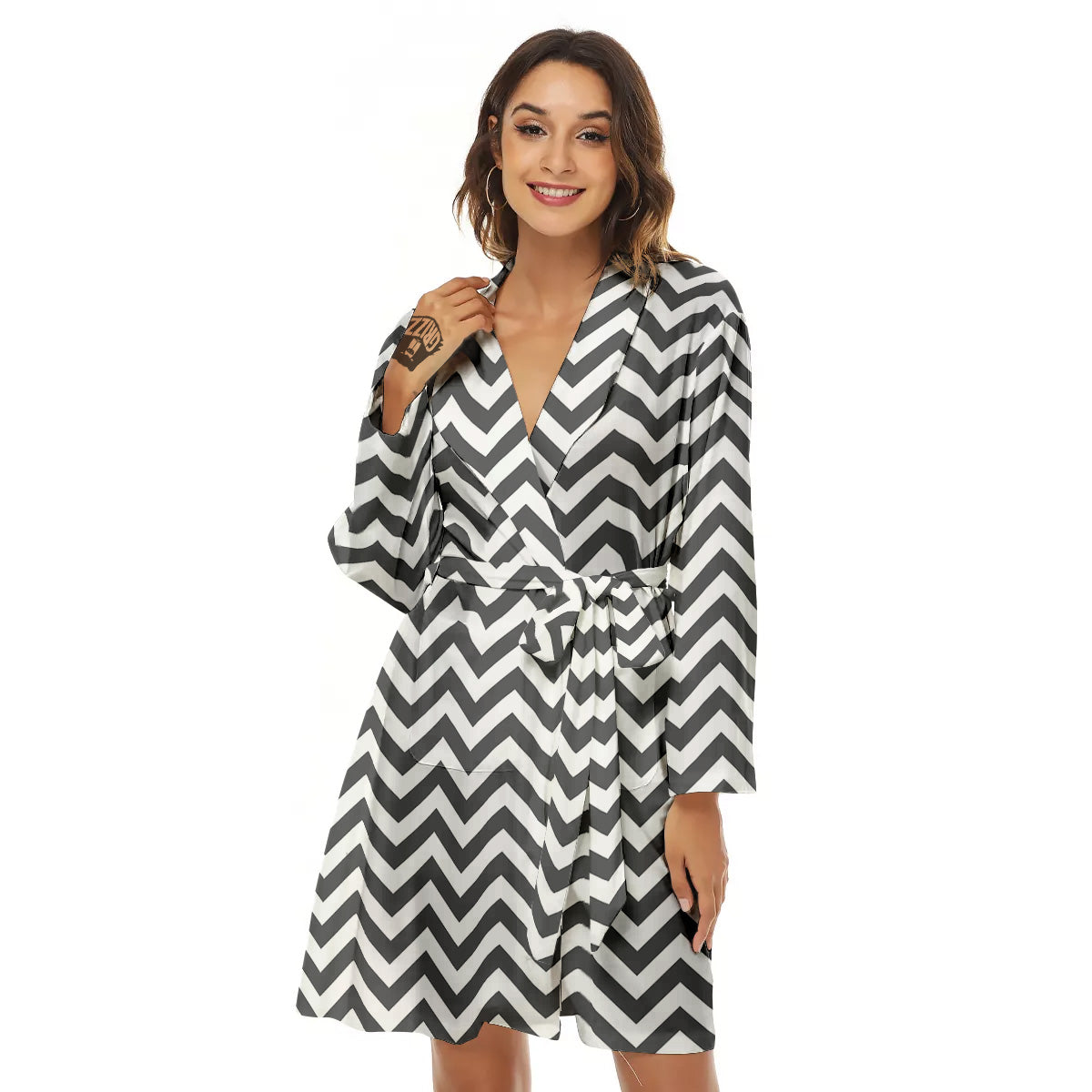 Grey Zigzag Print Pattern Women's Robe-grizzshop