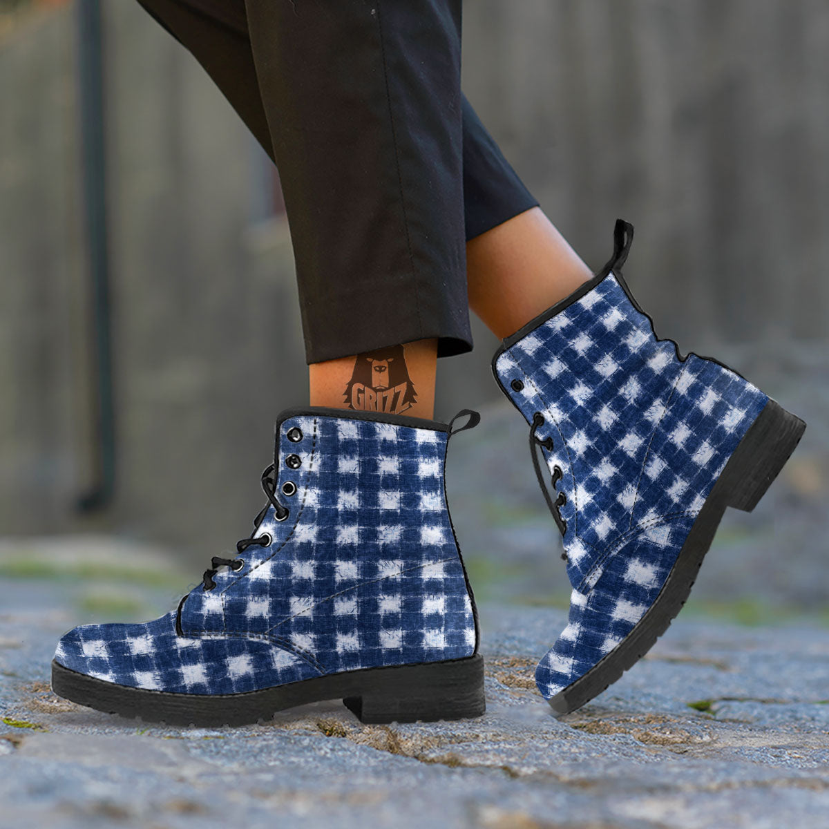 Grid Shibori Print Pattern Leather Boots-grizzshop