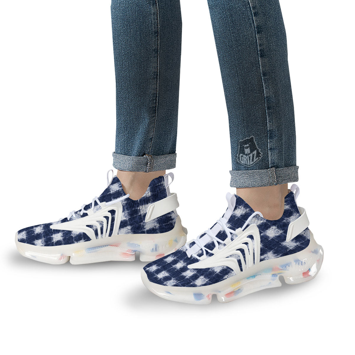 Grid Shibori Print Pattern White Gym Shoes-grizzshop