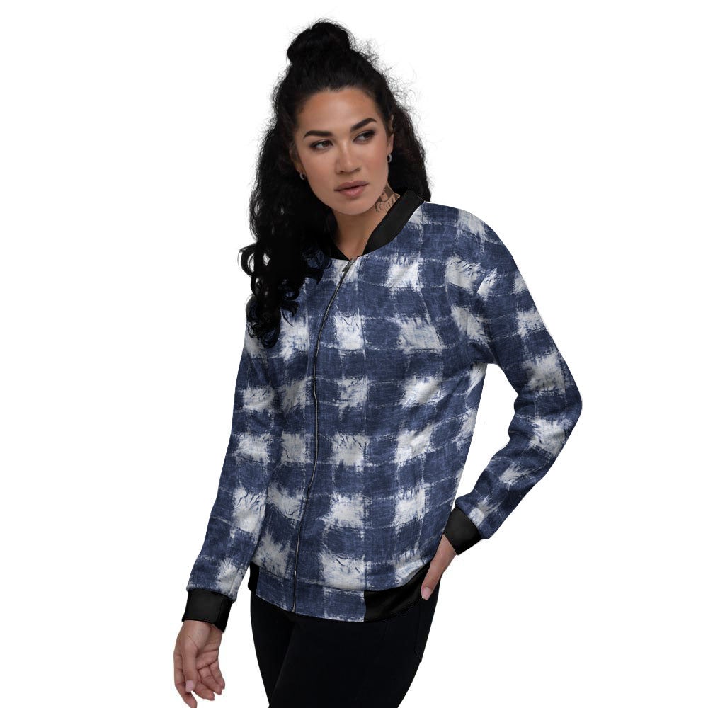 Grid Shibori Print Pattern Women's Bomber Jacket-grizzshop