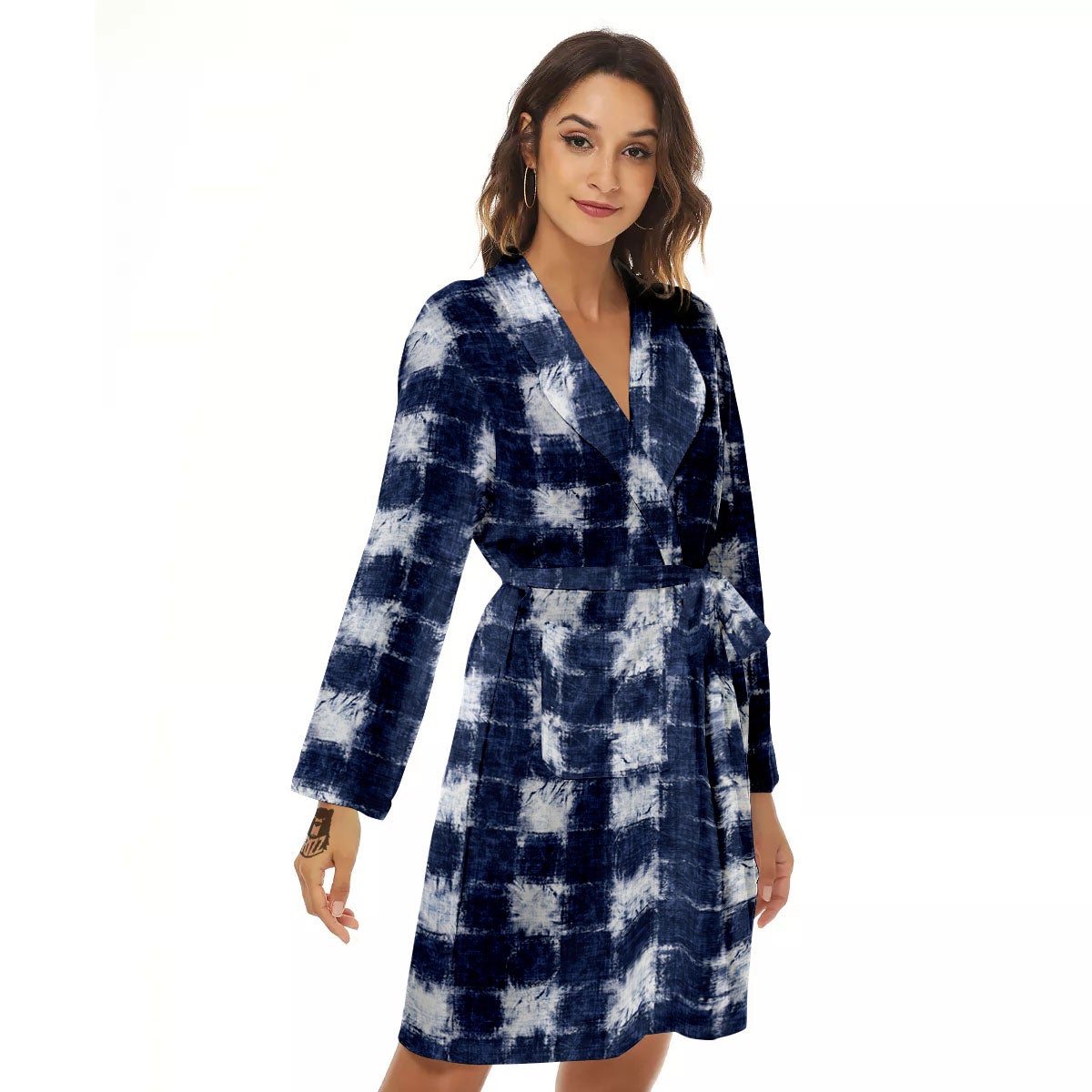 Grid Shibori Print Pattern Women's Robe-grizzshop