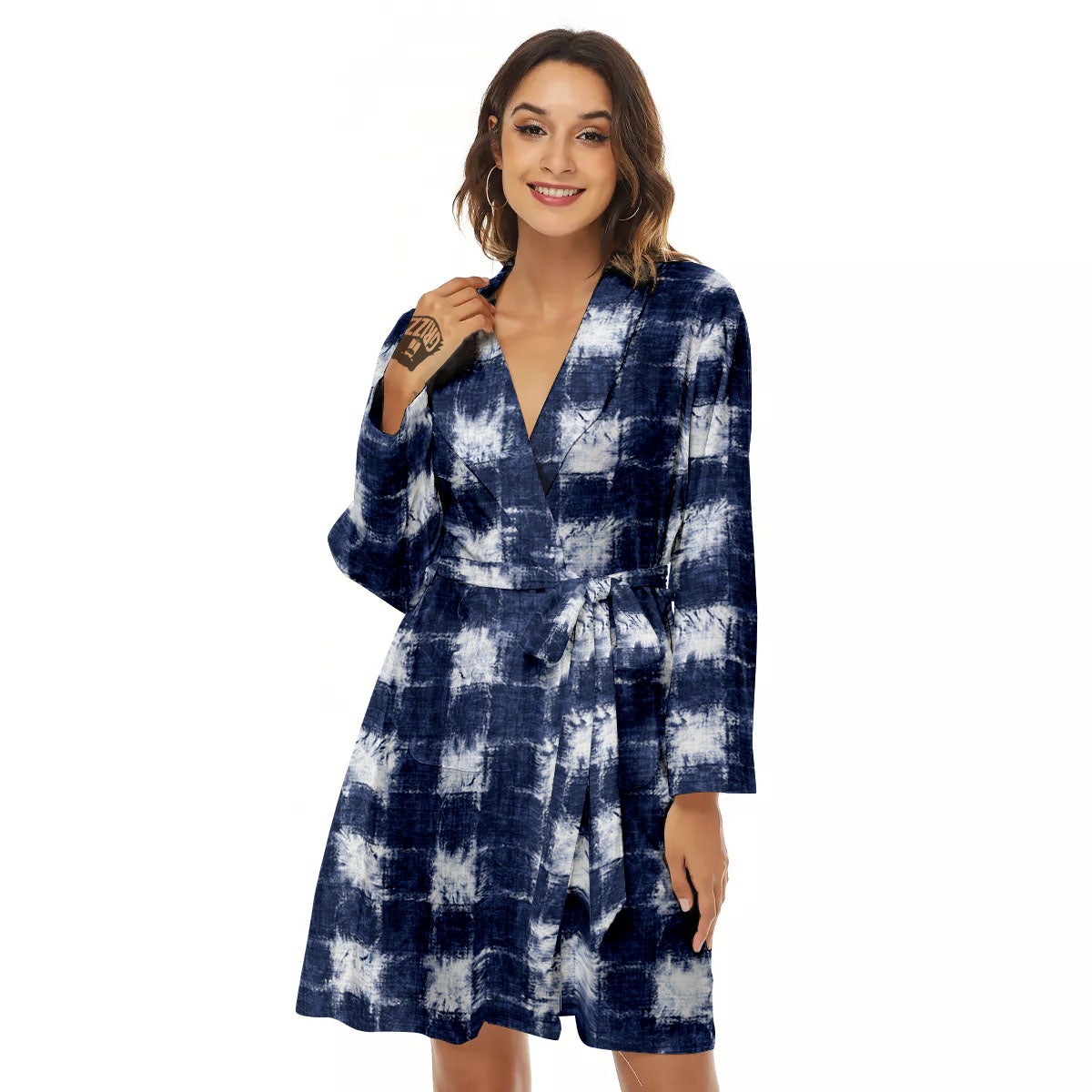 Grid Shibori Print Pattern Women's Robe-grizzshop