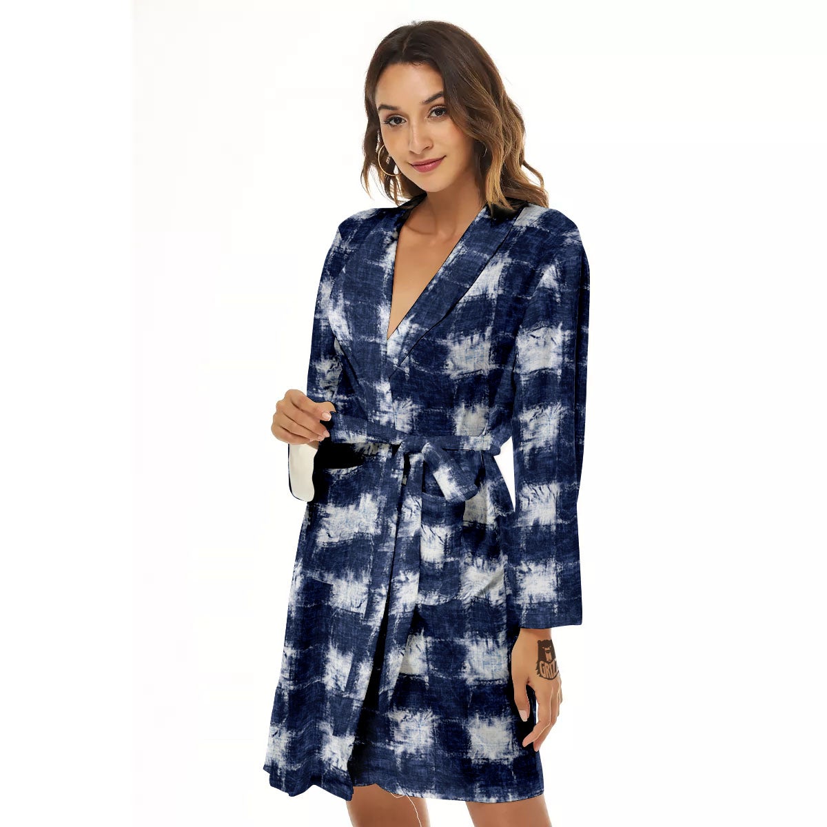 Grid Shibori Print Pattern Women's Robe-grizzshop