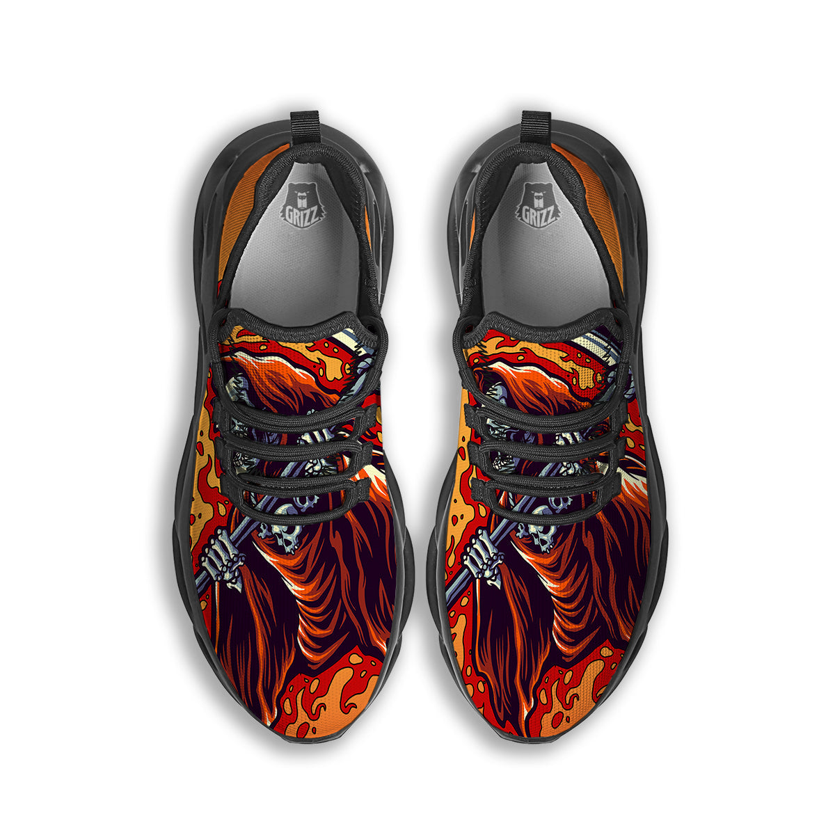 Grim Reaper And Fire Print Black Running Shoes-grizzshop