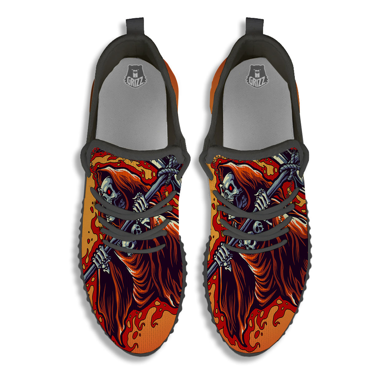 Grim Reaper And Fire Print Black Walking Shoes-grizzshop